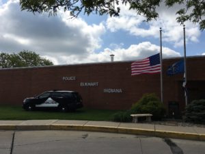 Police car in front of the Elkhart police station